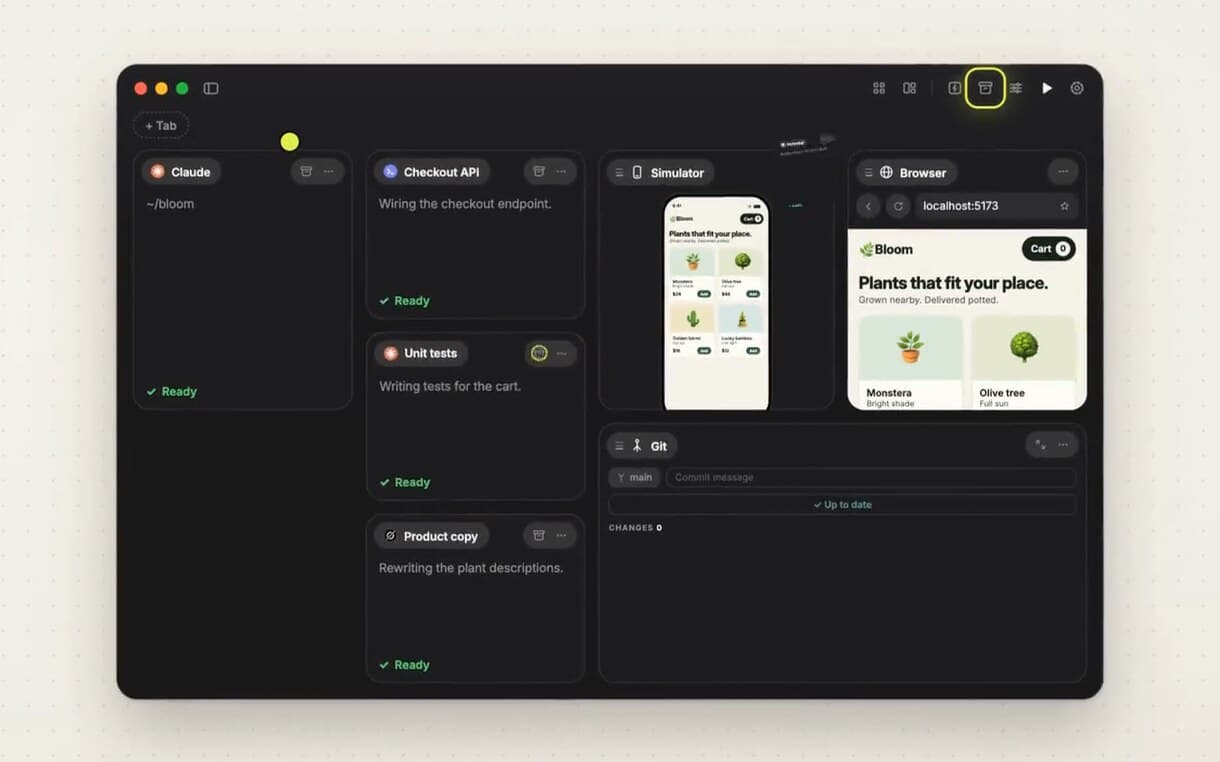 Offsite board with agent, simulator and browser cards on the Mac