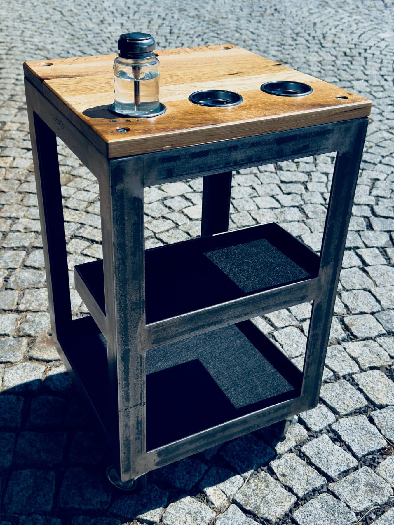 Pedicure Boy: trolley with an oak top and a welded steel frame